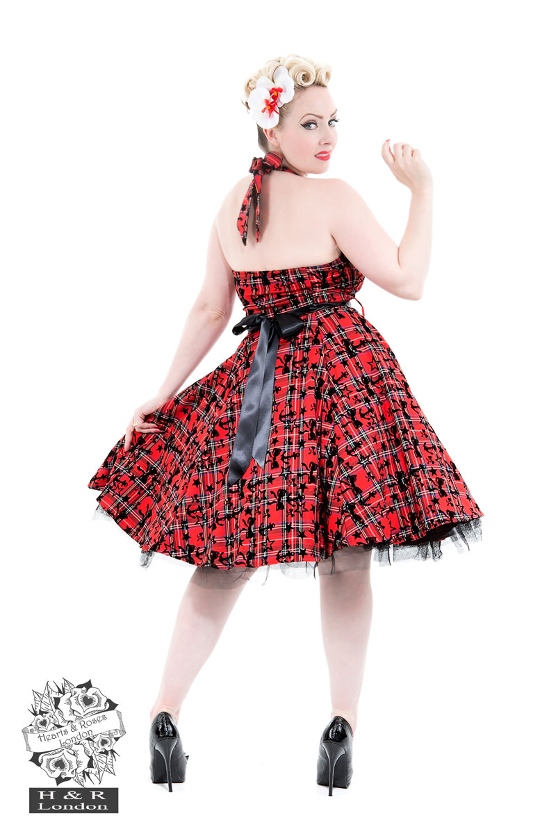Kiara Red Tartan Flocked Halterneck Dress